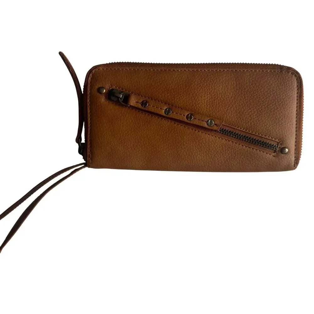 Free People Vegan Leather Wallet Wristlet Diagonal Zipper Cognac Brown Boho